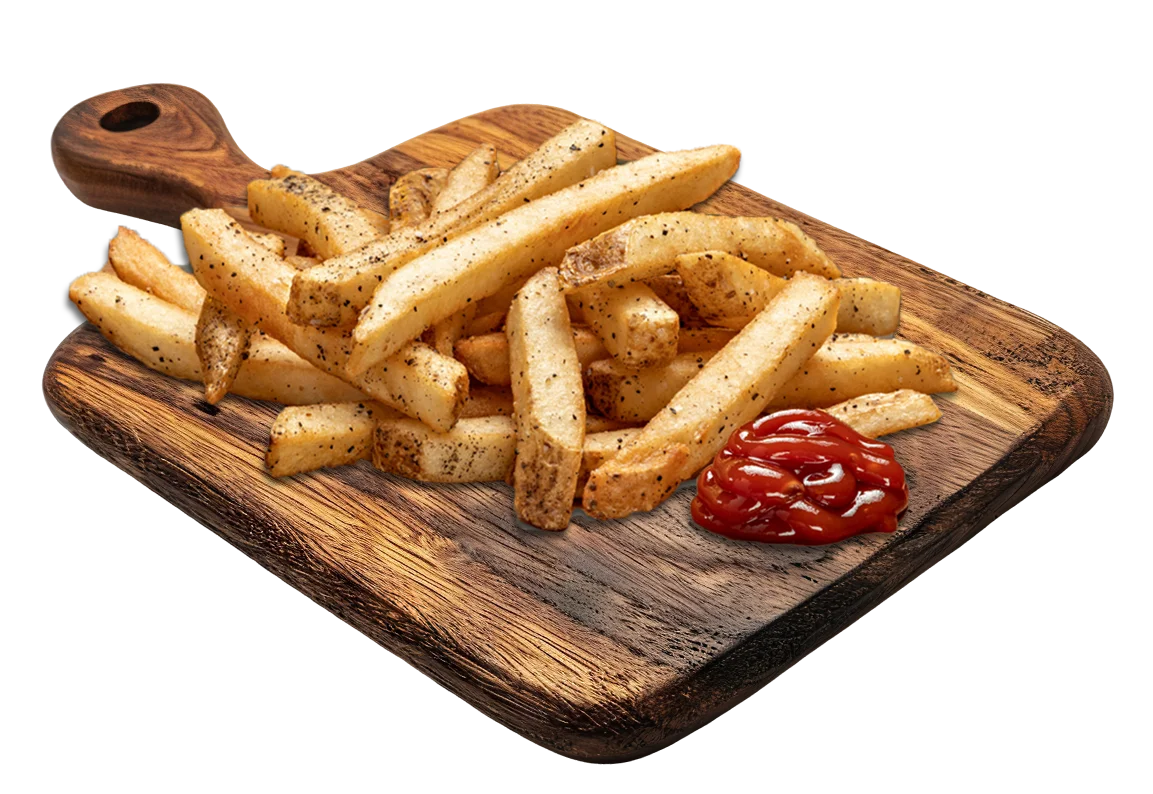 French fries with ketchup served on a wooden board